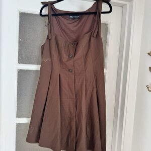 Zara Brown Tie-Shoulder Button-Front Mini Dress